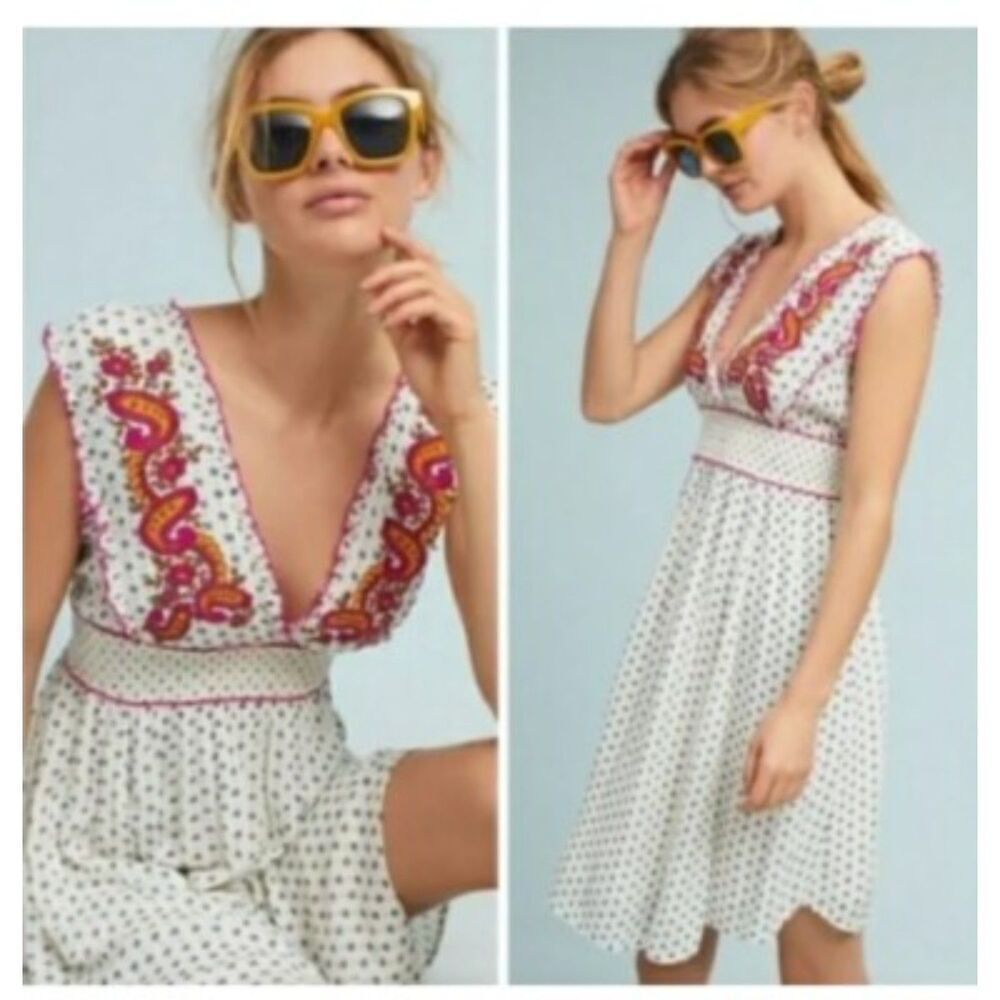 NWT Anthropologie Lilka White Multicolor Embroidery Smocked V-Neck Dress Large